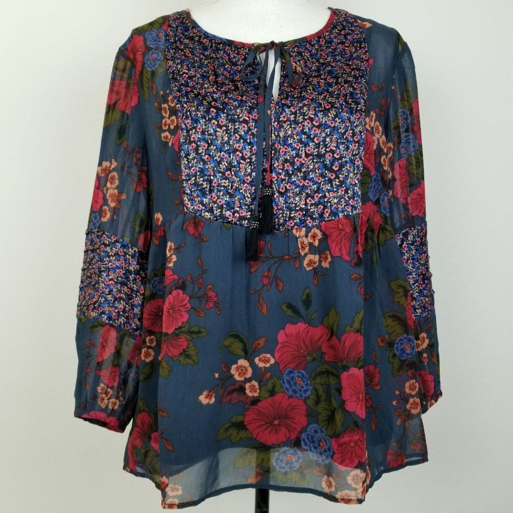 Daniel Rainn Womens Top Blue Red Floral Sheer Cover Satin Keyhole Tie Sz XL